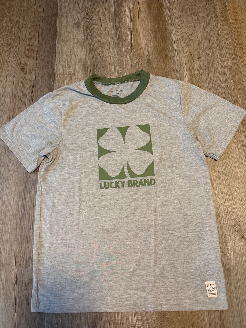 Lucky Brand Heather Gray Tee with Olive Green Clover Logo